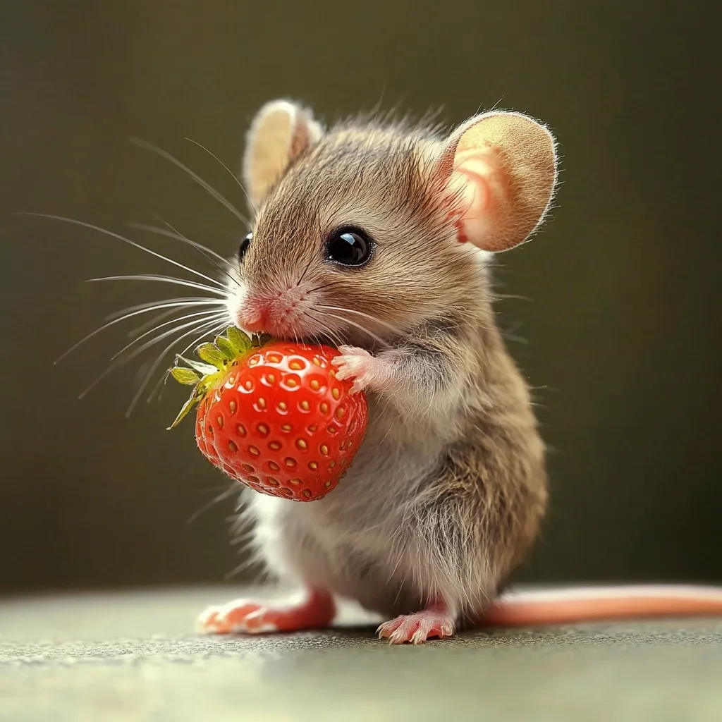An adorable, tiny house mouse with large ears delicately holds a bright red strawberry in its paws. Its dark eyes are captivating, and its whiskers extend outward. The mouse stands on a neutral-toned surface against a blurred dark green background, creating a charming and heartwarming image.  The scene is meticulously focused, highlighting the mouse's endearing features and its unexpected snack.