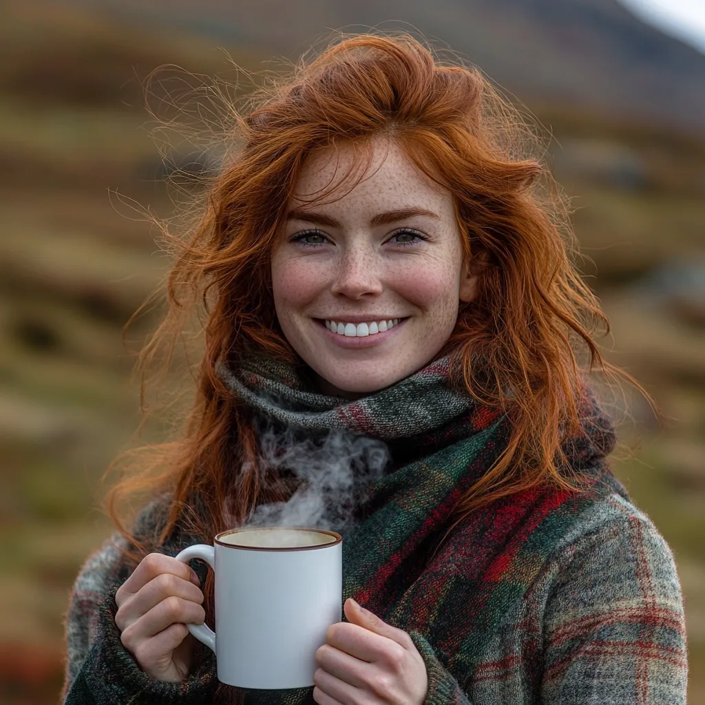 A young woman with vibrant red hair and freckles smiles warmly.  She's bundled in a cozy, plaid scarf and sweater, holding a steaming mug in her hands.  The blurred background suggests a natural, outdoor setting, possibly a mountainous landscape.  Her expression is one of contentment and peacefulness.