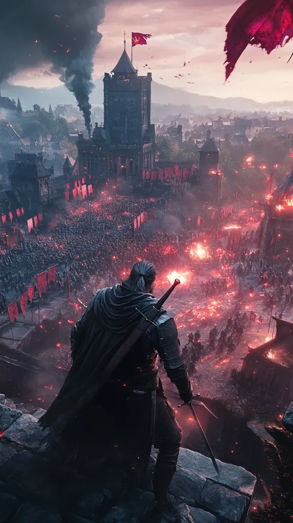 A lone figure, cloaked and armed, stands atop a crumbling wall, overlooking a city engulfed in flames and chaos.  A massive army clashes below, red banners fluttering amidst the fiery carnage.  The scene is dark and dramatic, suggestive of a brutal siege or battle, with a central figure observing the devastating conflict.  Smoke billows from burning structures in the background, completing the image's grim atmosphere.