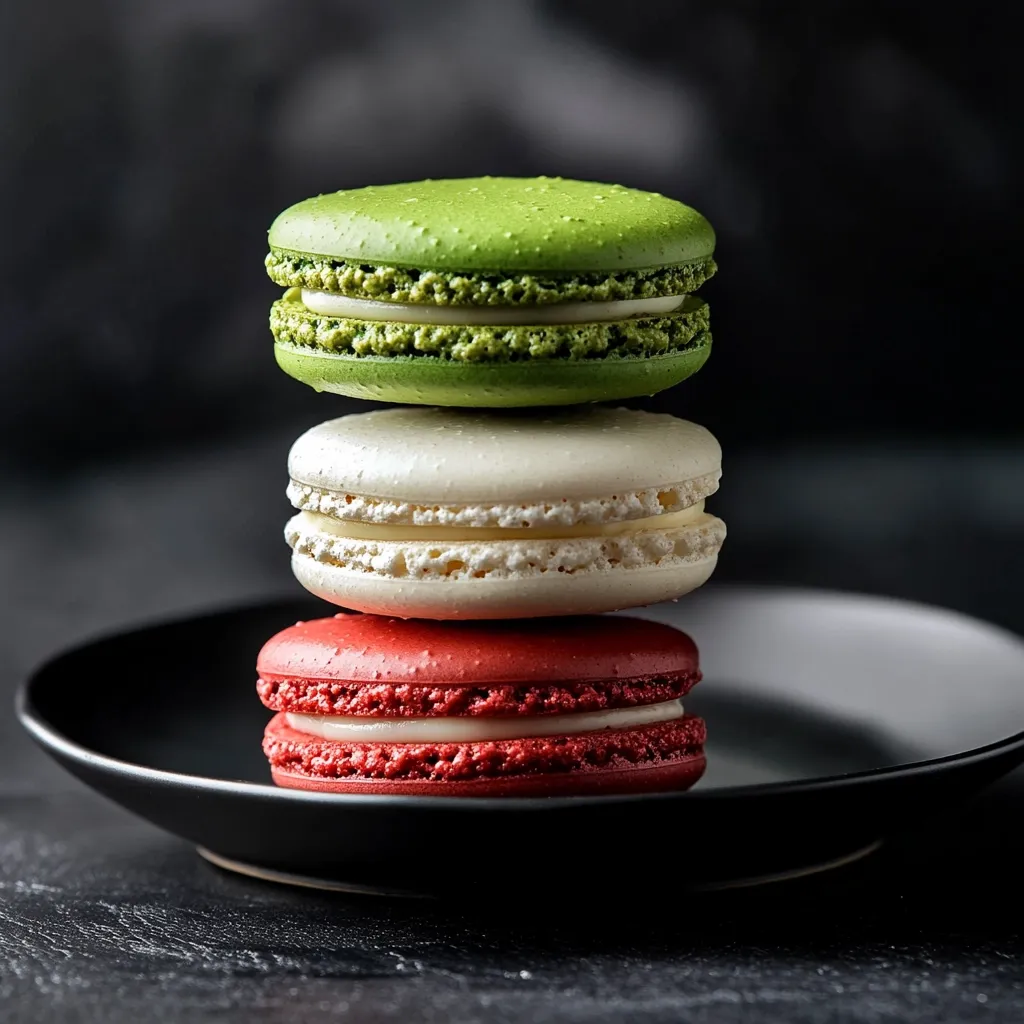 Three colorful macarons are delicately stacked on a black plate.  The top is a vibrant green, followed by a creamy white, and finally a rich red at the base.  Each macaron displays a delicate layer of creamy filling. The dark background accentuates the pastries' bright colors, creating a visually appealing image of deliciousness.