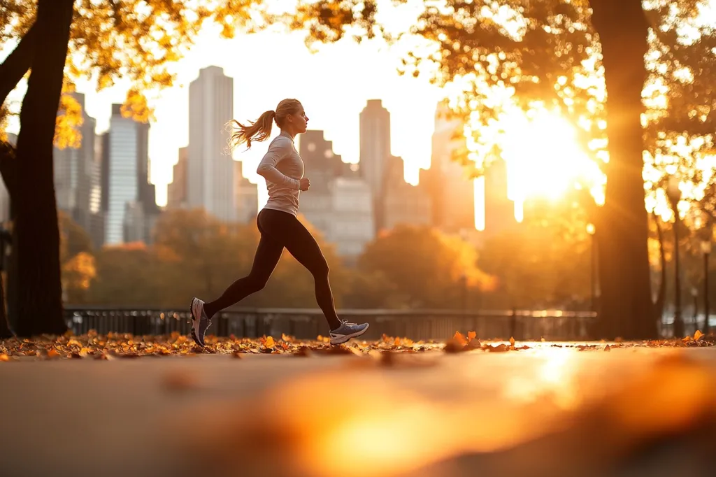 A woman jogs through a park at sunrise, her silhouette backlit by the warm autumnal glow.  Fallen leaves blanket the path as she runs, the city skyline visible in the background, blurred by the golden light.  The scene evokes a feeling of peaceful energy and the beauty of urban nature.