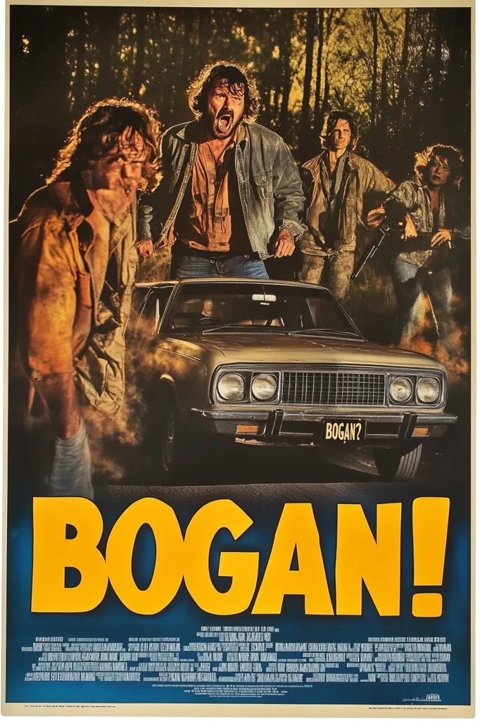 A movie poster for "Bogans!" depicts a group of Australian men, appearing rough and rebellious, surrounding a classic car.  The central figure is a man yelling, conveying a sense of intensity and chaos.  The background suggests a rural setting. The title "BOGAN!" is prominently displayed in large, bold, yellow letters. The overall style is gritty and evocative of Australian outback culture.