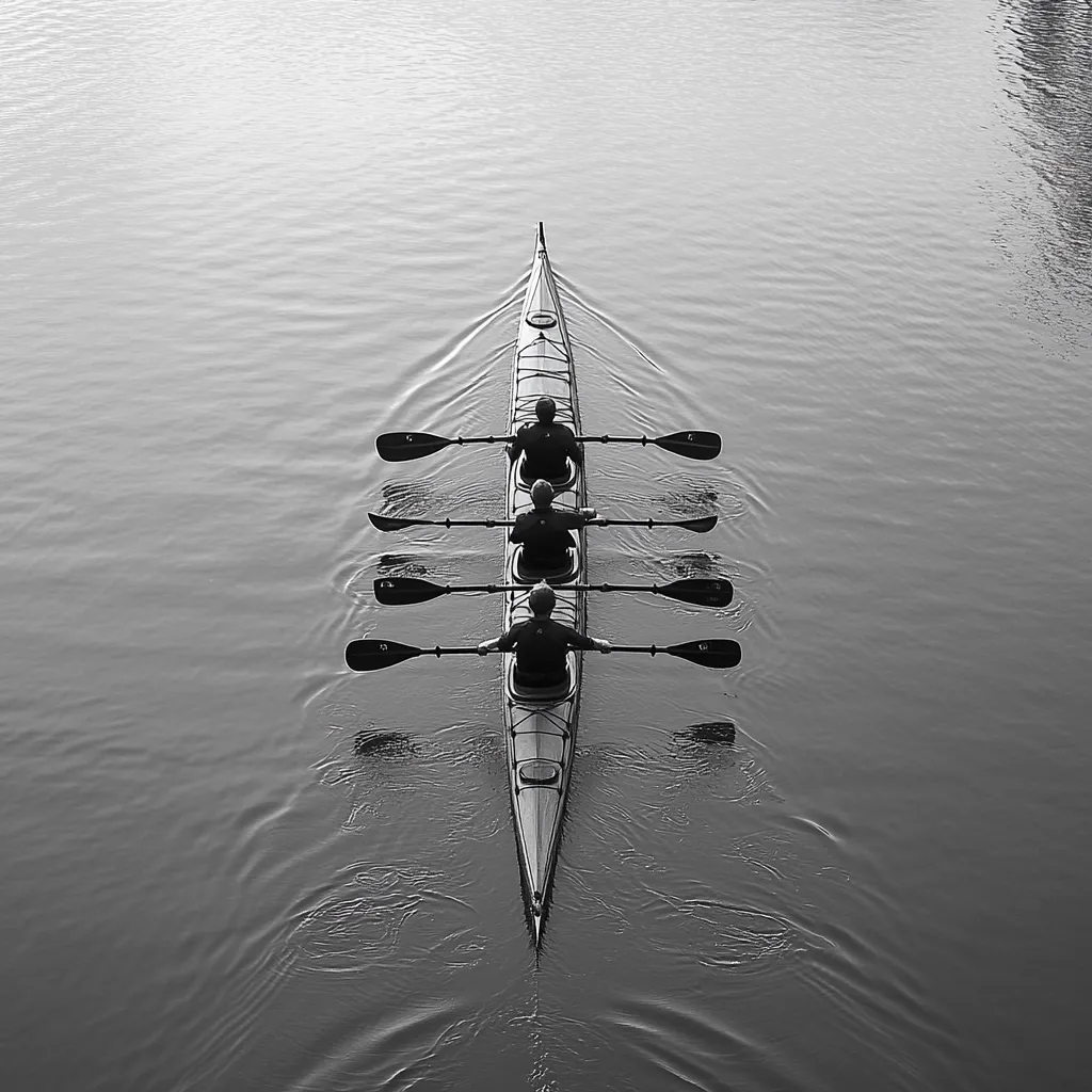 A black and white overhead shot shows a four-person kayak team paddling in unison on calm water.  The team is seated in a long, slender kayak, their paddles moving in perfect synchronicity. The image emphasizes teamwork, coordination, and the rhythm of the sport. The tranquil water and the monochromatic palette create a serene atmosphere.