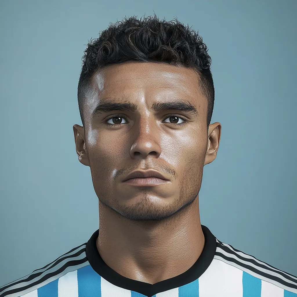 Close-up portrait of a young man with short, dark, curly hair. He has tan skin and a serious expression. He's wearing a light blue and white striped soccer jersey, suggesting he might be a soccer player. The background is a solid light blue, providing a clean, neutral backdrop that emphasizes the subject. The image is sharply focused, showcasing fine details in his facial features and the texture of his jersey.