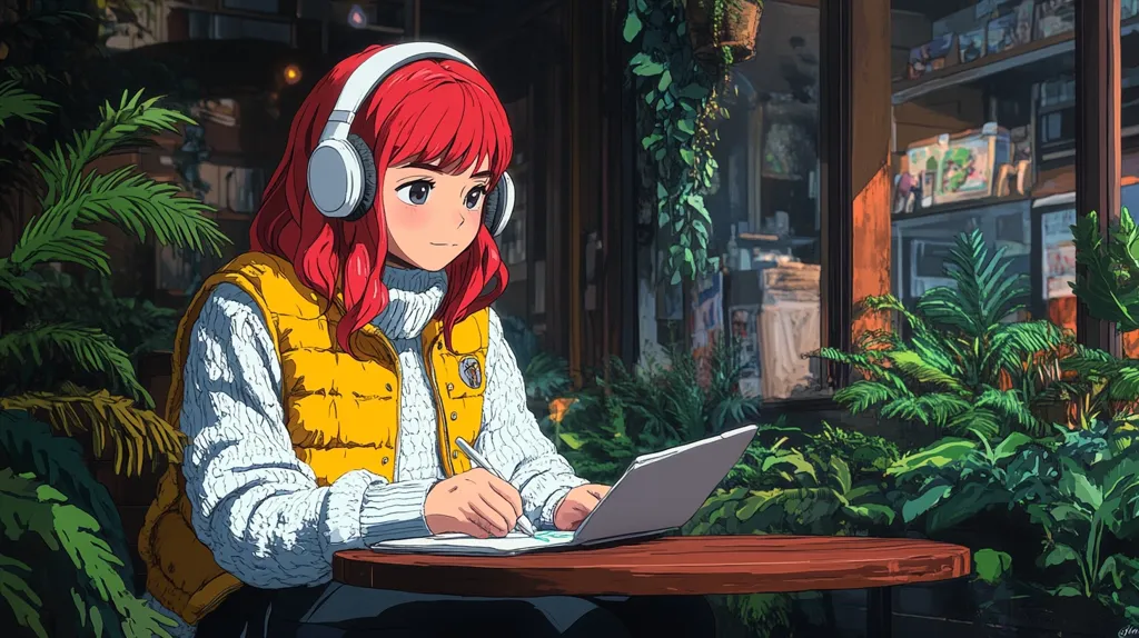 An anime-style girl with vibrant red hair and white headphones sits at a wooden table in a cafe.  She wears a yellow vest over a white sweater and is engrossed in writing in a notebook, using a tablet propped on the table. Lush green plants surround her, creating a tranquil and atmospheric setting. Sunlight streams in from a nearby window, illuminating the scene.
