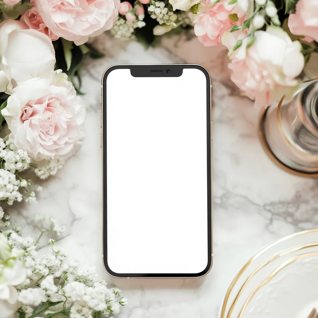 A gold smartphone with a blank white screen rests on a marble surface, surrounded by a delicate arrangement of blush pink and white flowers.  Elegant gold-rimmed plates and a glass cloche are partially visible in the background, suggesting a sophisticated and feminine setting.  The image evokes feelings of calm and elegance.