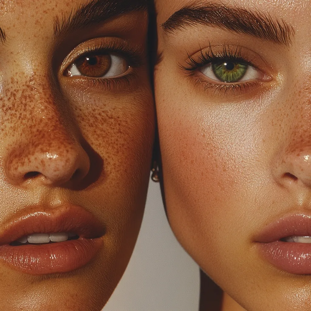 Close-up of two women's faces pressed together, showcasing their natural beauty. One woman has freckles and brown eyes, while the other has green eyes and a luminous complexion.  Their skin tones are similar, sun-kissed and healthy-looking. The image emphasizes the details of their eyes, lips, and skin texture.