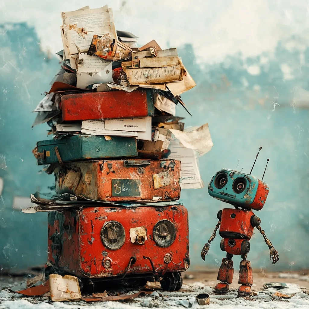 A small, rusty robot stands beside a precarious stack of vintage suitcases overflowing with aged papers and documents.  The suitcases are weathered and worn, showing signs of extensive travel and age. The scene evokes a sense of forgotten memories and the passage of time, with the robot appearing as a silent observer of history.  The backdrop is a textured, faded blue wall.
