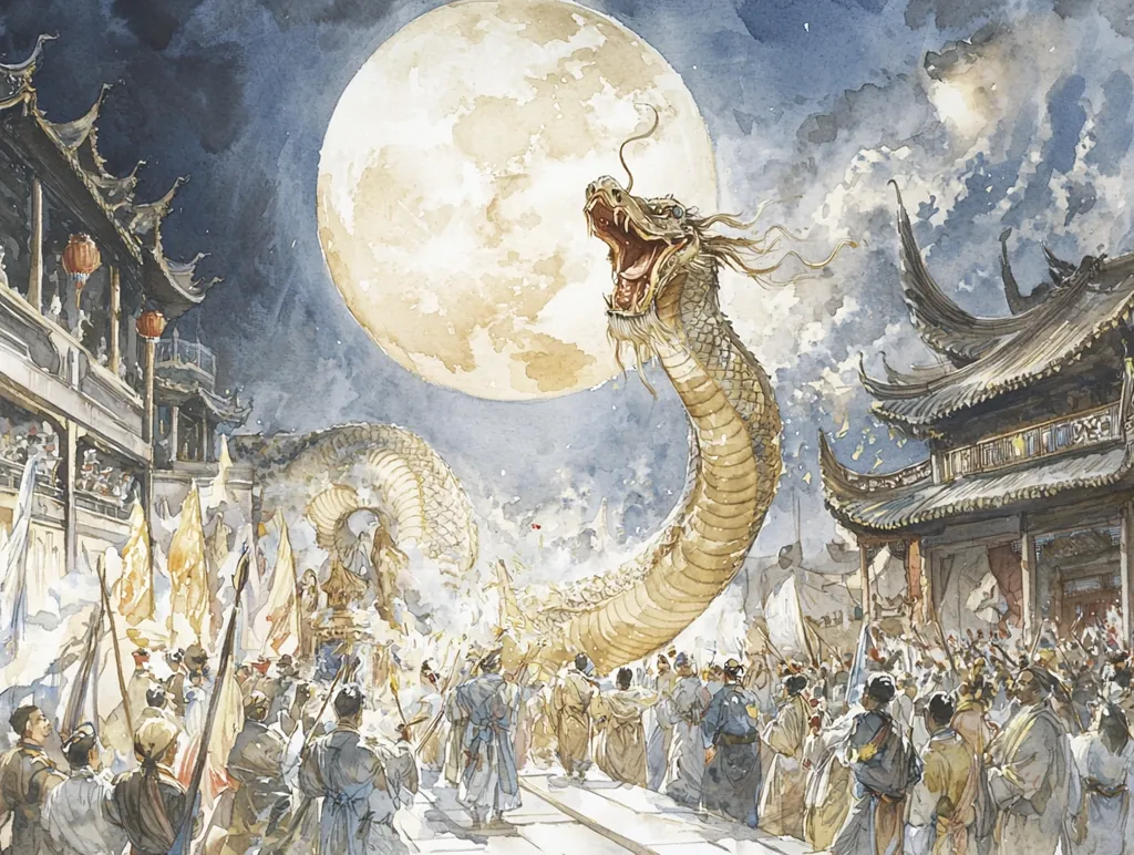 A majestic watercolor painting depicts a colossal dragon ascending amidst a bustling Chinese cityscape under a luminous full moon.  The dragon's serpentine form dominates the scene, its head raised in a roar.  Below, a large crowd in traditional attire participates in a grand procession, carrying flags and banners, creating a vibrant and awe-inspiring spectacle of mythical grandeur and cultural richness.