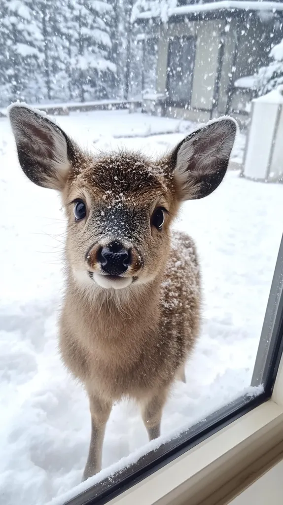 A young deer, dusted with snow, gazes curiously from outside a window.  Its large, expressive eyes are captivating.  The background shows a snow-covered landscape, with a house partially visible through falling snow.  The deer's coat is a soft brown, contrasting with the white snow.  The scene is peaceful and charming.