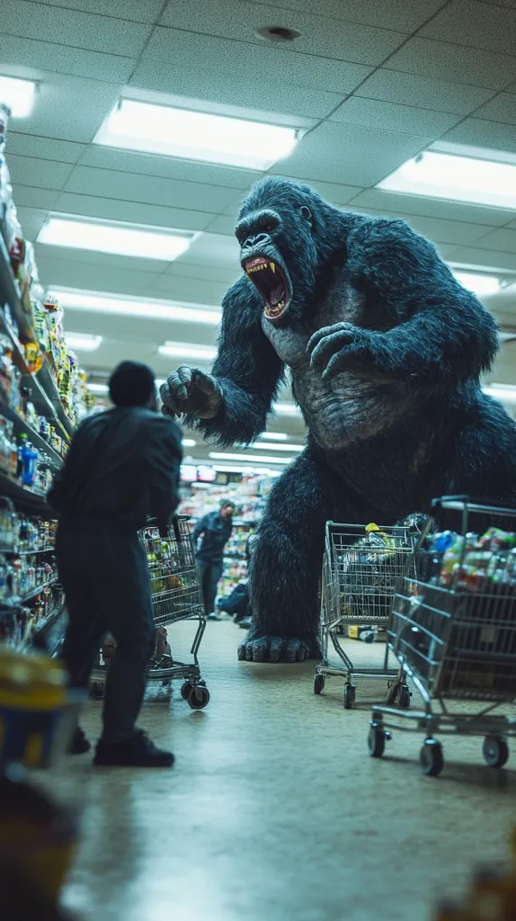 A giant gorilla stands amidst shopping carts in a supermarket, its massive form dwarfing the shoppers.  A man in a dark jacket, seemingly startled, is seen in the foreground, his shopping cart near the gorilla's feet. The scene is dimly lit, adding to the surreal and slightly unsettling atmosphere of the unexpected encounter.  Other shoppers are visible in the background, seemingly oblivious to the enormous primate.