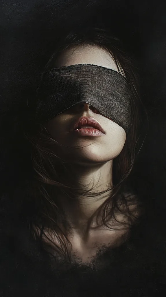 A close-up, dark portrait of a woman with long brown hair. Her eyes are covered by a dark, textured cloth blindfold.  Her lips are slightly parted, revealing a soft expression.  The overall mood is mysterious and somber, with a focus on the texture of the blindfold and the woman's skin. The dark background accentuates the subject.