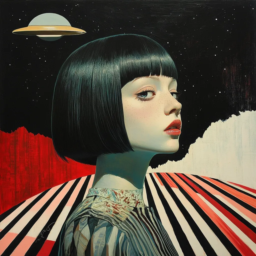 A stylized portrait of a young woman with a bob haircut, viewed in profile. She's positioned against a surreal backdrop featuring a UFO in a starry sky, a red and white striped landscape, and textured clouds. The painting employs bold colors and sharp lines, creating a dreamlike atmosphere blending elements of science fiction and retro aesthetics.  The woman’s expression is serene yet contemplative, adding to the artwork’s enigmatic mood.