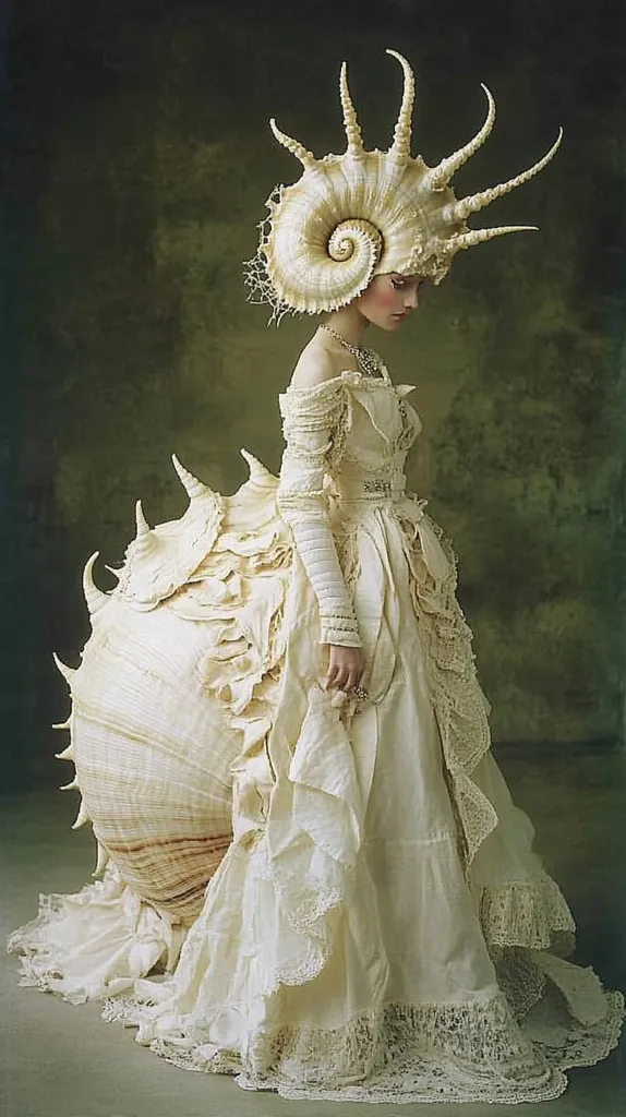 A model wears an elaborate, off-white gown adorned with seashells.  The gown's design incorporates a large shell as a dramatic train, while a smaller, spiky shell forms a striking headdress.  The overall effect is whimsical and ethereal, suggesting a sea nymph or other mythical creature. The gown is intricately detailed with lace and layers of fabric, creating a romantic and fantastical appearance.  The background is a muted green-brown, complementing the pale tones of the costume.