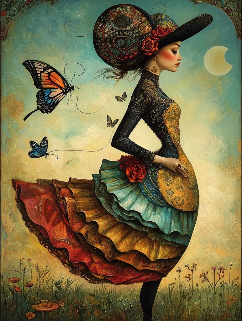 A whimsical painting depicts a woman in a richly layered, multi-colored dress and an ornate hat.  Butterflies flutter around her, connected by thin, invisible threads. The woman's pose is elegant, her expression serene, set against a backdrop of a muted sky and a field of wildflowers under a crescent moon. The style is reminiscent of fantasy art or surrealism, with intricate details in the clothing and accessories.