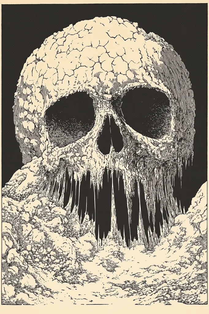 A large, decaying skull dominates the image, its surface cracked and eroded, resembling a rocky landscape.  The skull's lower jaw drips with stalactite-like formations, blending seamlessly into a craggy, mountainous base.  The monochromatic style uses stark contrasts of light and dark, creating a dramatic and unsettling visual effect. The overall aesthetic evokes a sense of age, decay, and possibly death.