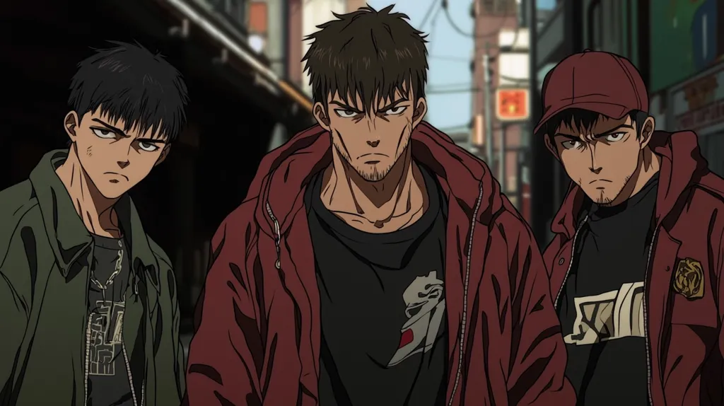 Three anime-style male characters stand in a row, exuding a tough and serious demeanor.  The central figure, muscular and with short brown hair, wears a dark red hoodie. Flanking him are two others in darker jackets, one with dark hair and the other in a red cap. Their expressions are stern, suggesting a sense of intensity and possibly belonging to a group.  The background features a blurry cityscape.