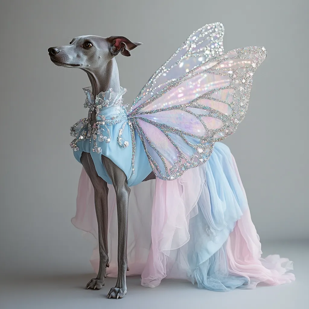 An Italian Greyhound dog stands elegantly in a light blue and pink fairy costume. The outfit features large, iridescent butterfly wings adorned with glitter, a shimmering bodice, and a flowing skirt.  The dog's regal posture and the exquisite detail of the costume create a whimsical and enchanting image.