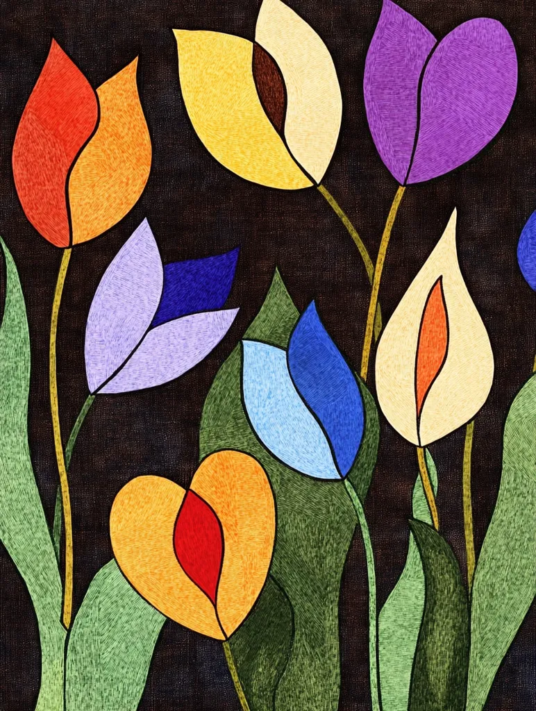 A stylized textile artwork depicts a cluster of tulips in vibrant colors against a dark background.  The tulips are rendered in a simplified, almost stained-glass style, with bold outlines and textured fills.  Colors include orange, yellow, purple, blue, and variations thereof.  The leaves are long and slender, contributing to the overall graphic quality of the piece.  The heart-shaped tulip adds a unique touch.