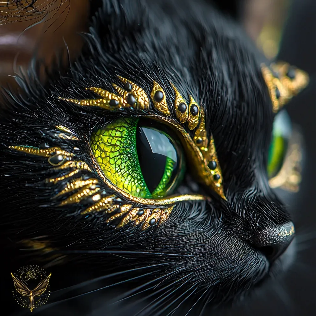 Close-up of a black cat's eye, artistically adorned with intricate gold detailing resembling dragon scales and accents. The cat's vibrant green eye is captivating, with a textured, almost reptilian appearance. The image showcases remarkable detail and craftsmanship, possibly a sculpture or digital art.  The dark fur contrasts beautifully with the golden embellishments, creating a mystical and alluring aesthetic.