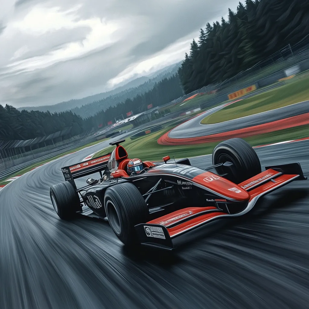 A sleek, red and black Formula 1 race car speeds around a sharp turn on a race track.  The car is sharply focused, while the background of lush green hills and overcast sky is blurred by motion.  The speed is emphasized by motion blur trailing behind the vehicle. The driver is visible within the cockpit, helmet on. The scene suggests intense competition and adrenaline.