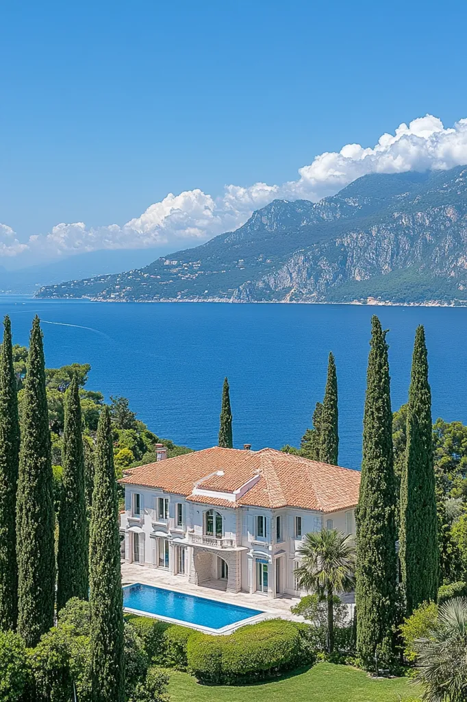 A stunning waterfront villa is perched on a hillside overlooking a serene ocean.  The Mediterranean-style home boasts a terracotta roof and white facade, complemented by lush greenery and tall cypress trees.  A sparkling infinity pool extends towards the breathtaking panoramic view of the azure sea and distant mountains under a clear blue sky.  The scene evokes a feeling of luxury and tranquility.