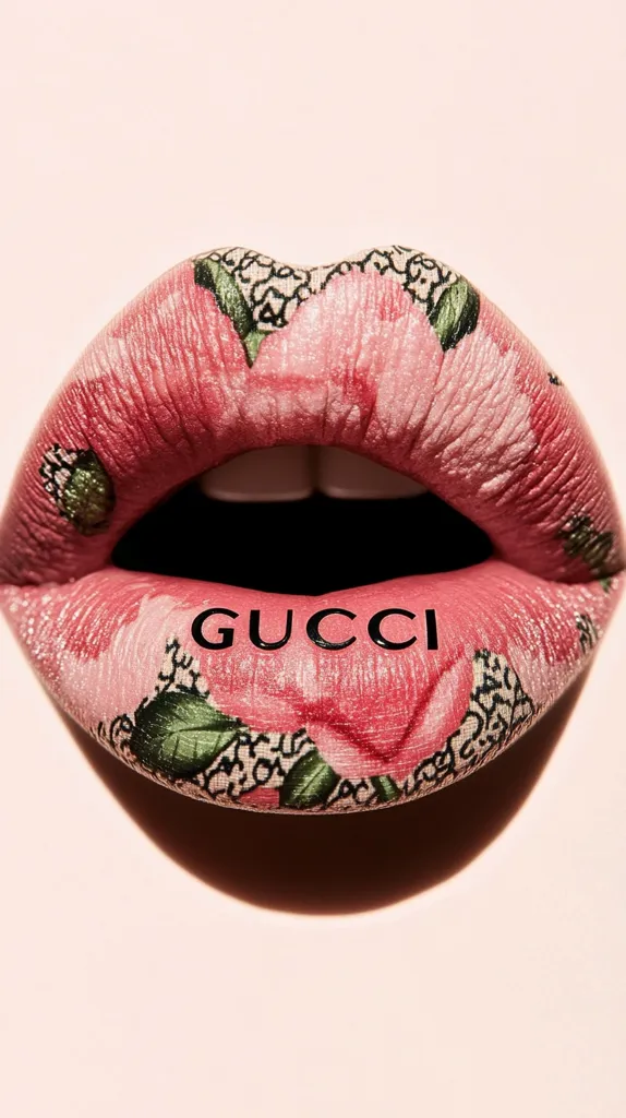 Close-up view of a pair of lips artfully painted with a pink rose and Gucci pattern.  The word "GUCCI" is prominently displayed in black lettering across the lower lip. The image is clean and high-contrast, with a soft peach background highlighting the detailed lip art.  The overall aesthetic is luxurious and fashionable.