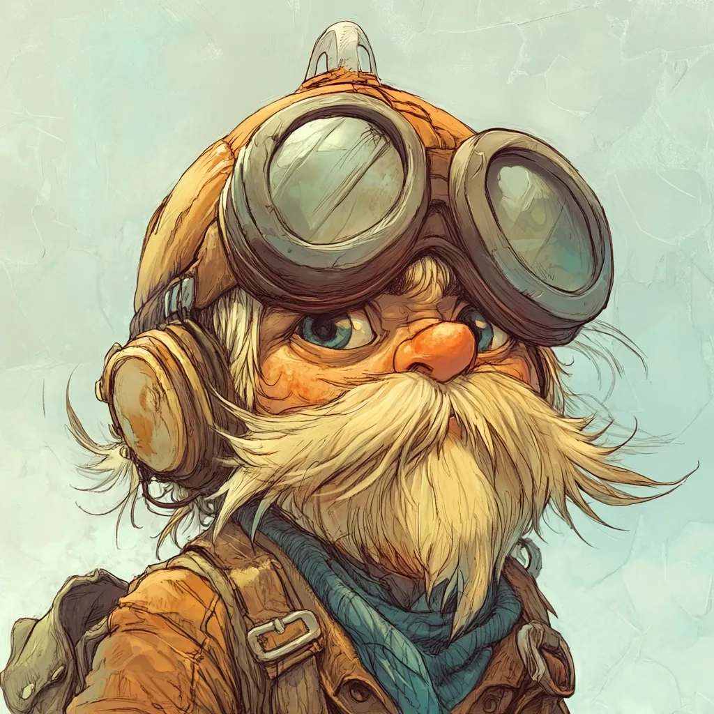 A whimsical illustration of an elderly gnome-like character, his face etched with wrinkles and wisdom. He wears large, round goggles perched atop an orange helmet, along with earmuffs, a blue scarf, and a worn leather jacket.  His long, flowing white beard adds to his adventurous and weathered appearance, hinting at tales of journeys undertaken.  The style is reminiscent of a vintage adventure comic.