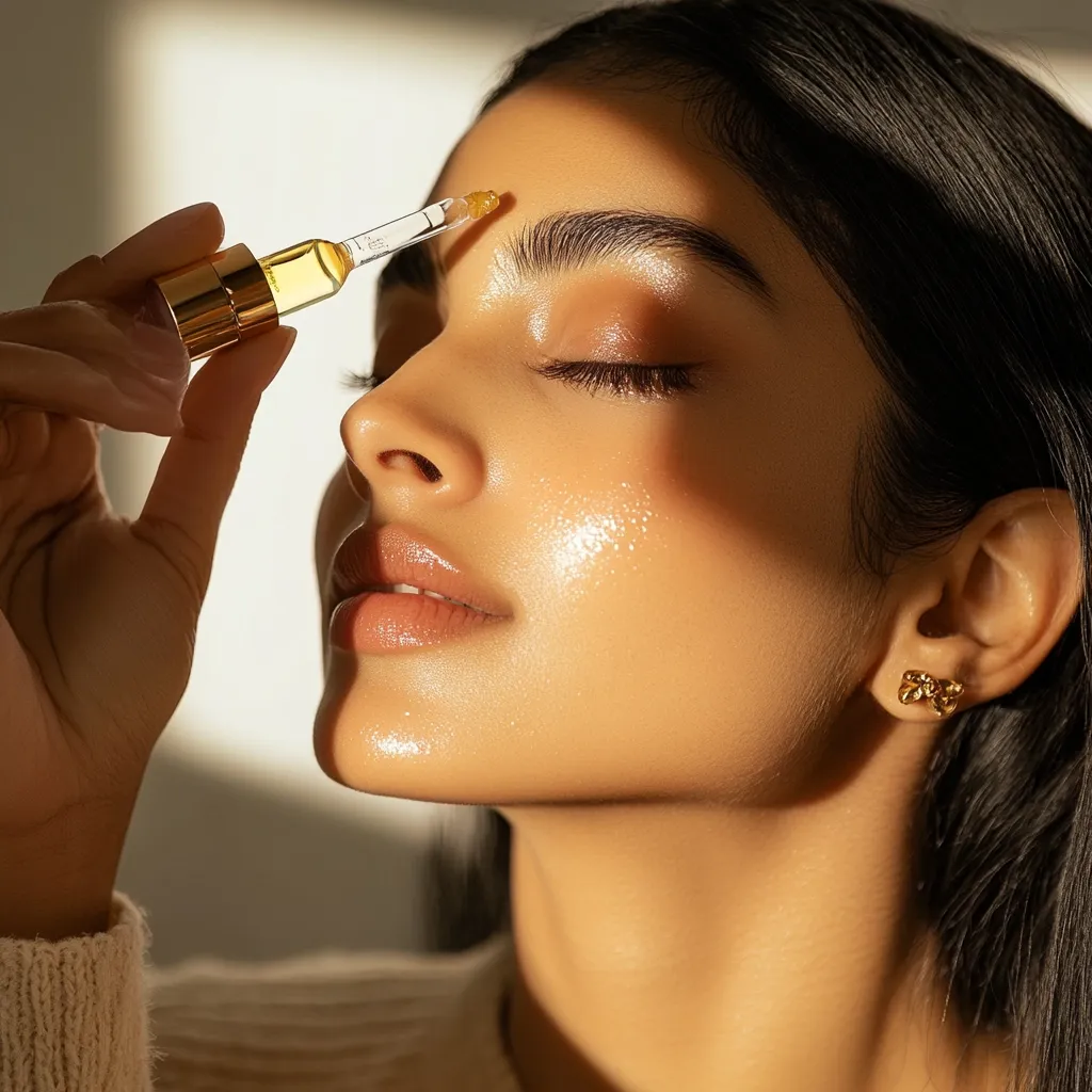 A woman with long dark hair applies a golden facial serum using a glass dropper.  Sunlight illuminates her face, highlighting her glowing skin and delicately arched eyebrows.  She has her eyes closed, appearing relaxed and enjoying the skincare ritual. The image emphasizes natural beauty and a luxurious skincare experience.