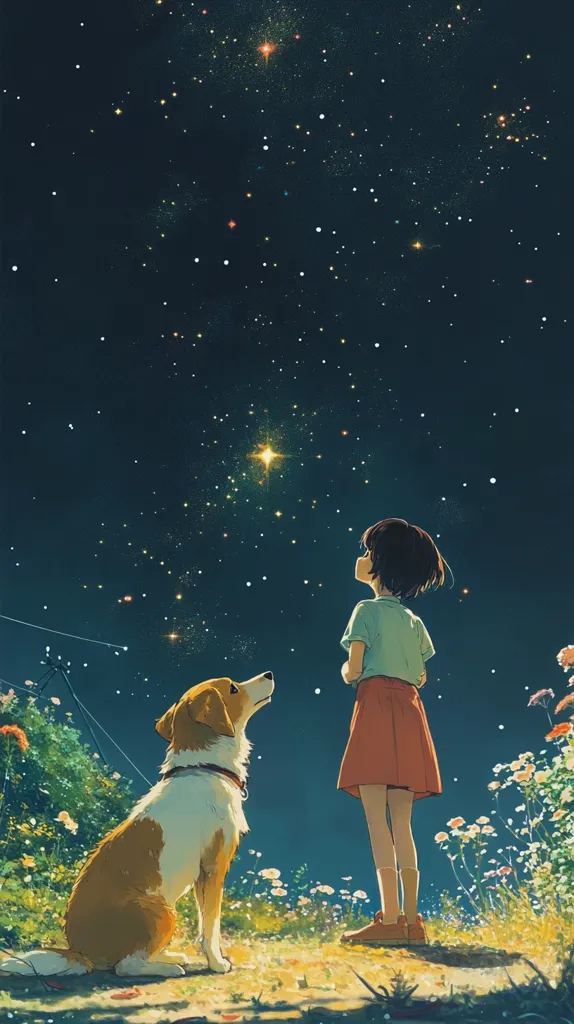 A girl and her dog gaze up at a star-filled night sky.  The bright stars twinkle against the deep blue canvas. The girl, wearing a red skirt and light top, stands in a field of wildflowers. Her loyal companion, a tan and white dog, sits patiently beside her, sharing in the wonder of the celestial display. The scene evokes a sense of peace and quiet contemplation.