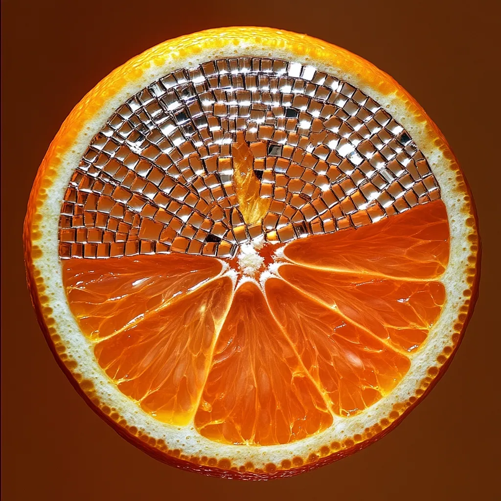 A vibrant orange slice is artfully adorned with a mosaic of small, metallic squares. The metallic elements cover the top half of the citrus fruit, creating a striking contrast between the warm orange tones and the cool, reflective silver. The image is a captivating blend of nature and artistry, showcasing the rich texture of the orange against the precise geometry of the mosaic.