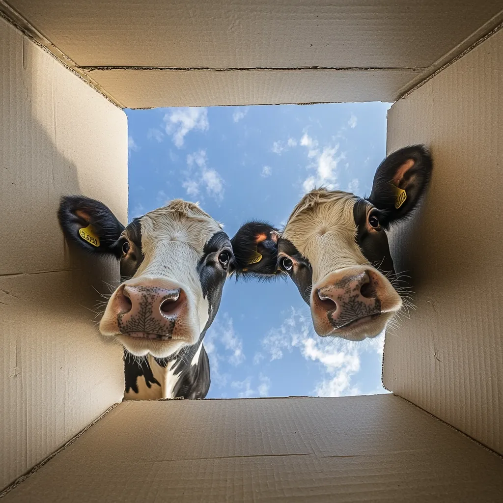 Two curious cows peek out from inside a cardboard box, their heads and large eyes visible against a bright blue sky.  The cows are black and white, and their expressions are comical and inquisitive.  The perspective is from inside the box, looking upward at the sky. The image is playful and unexpected.