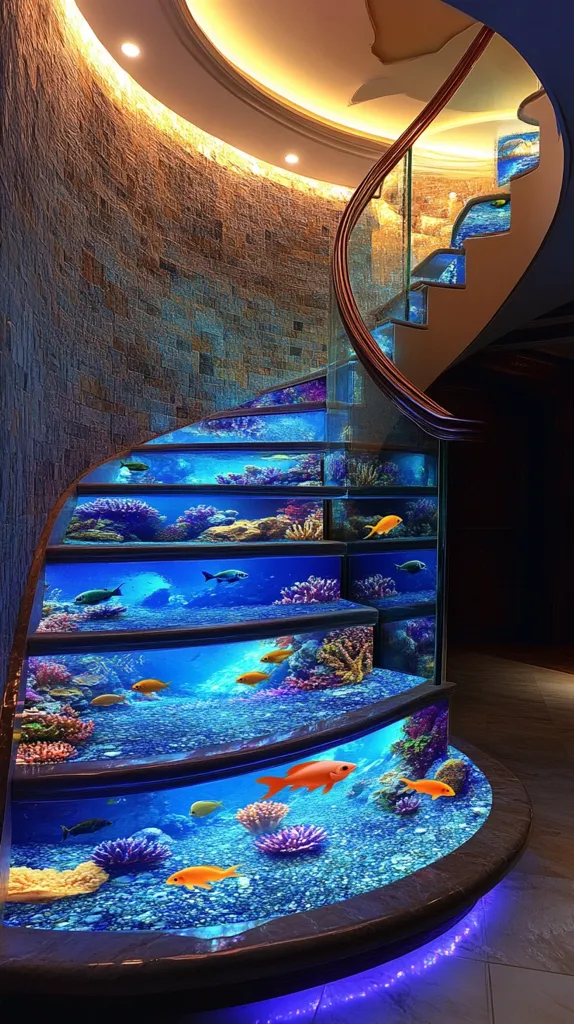 A stunning spiral staircase is transformed into a mesmerizing aquarium.  Each step is a section of a vibrant underwater scene, complete with colorful fish, coral, and rocks, all illuminated by strategically placed lighting. The glass enclosure seamlessly integrates with the staircase's design, creating a breathtaking and unique architectural feature.  The effect is both luxurious and fantastical.