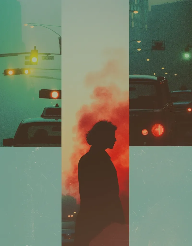 A stylized image depicts a woman's silhouette against a fiery red background, juxtaposed with a muted, green-toned cityscape featuring blurred cars and traffic lights.  The composition is divided into sections, creating a fragmented yet visually striking contrast between the warm, emotional figure and the cool, urban environment. The overall mood is atmospheric and evocative.