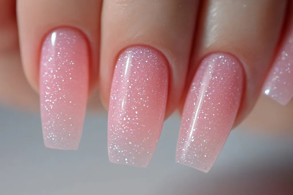 Close-up of meticulously manicured nails showcasing a soft pink glitter nail polish.  The nails are long and shaped into a subtle coffin style.  The polish has a subtle ombre effect, with a slightly lighter shade at the tips.  The glitter is finely dispersed, creating a delicate shimmer.  The overall look is elegant and feminine.