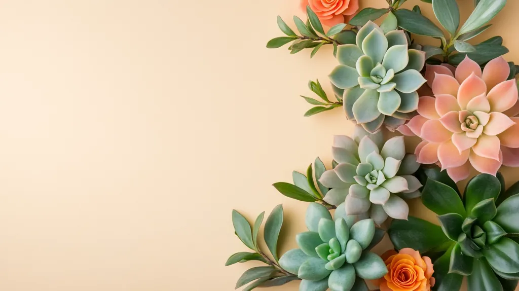 A pale beige background is adorned with a vibrant arrangement of succulents and roses.  Various shades of green succulents, interspersed with peach-colored roses, create a visually appealing border on the right side of the image, leaving ample space to the left. The overall composition is fresh and modern, ideal for a greeting card or decorative element.