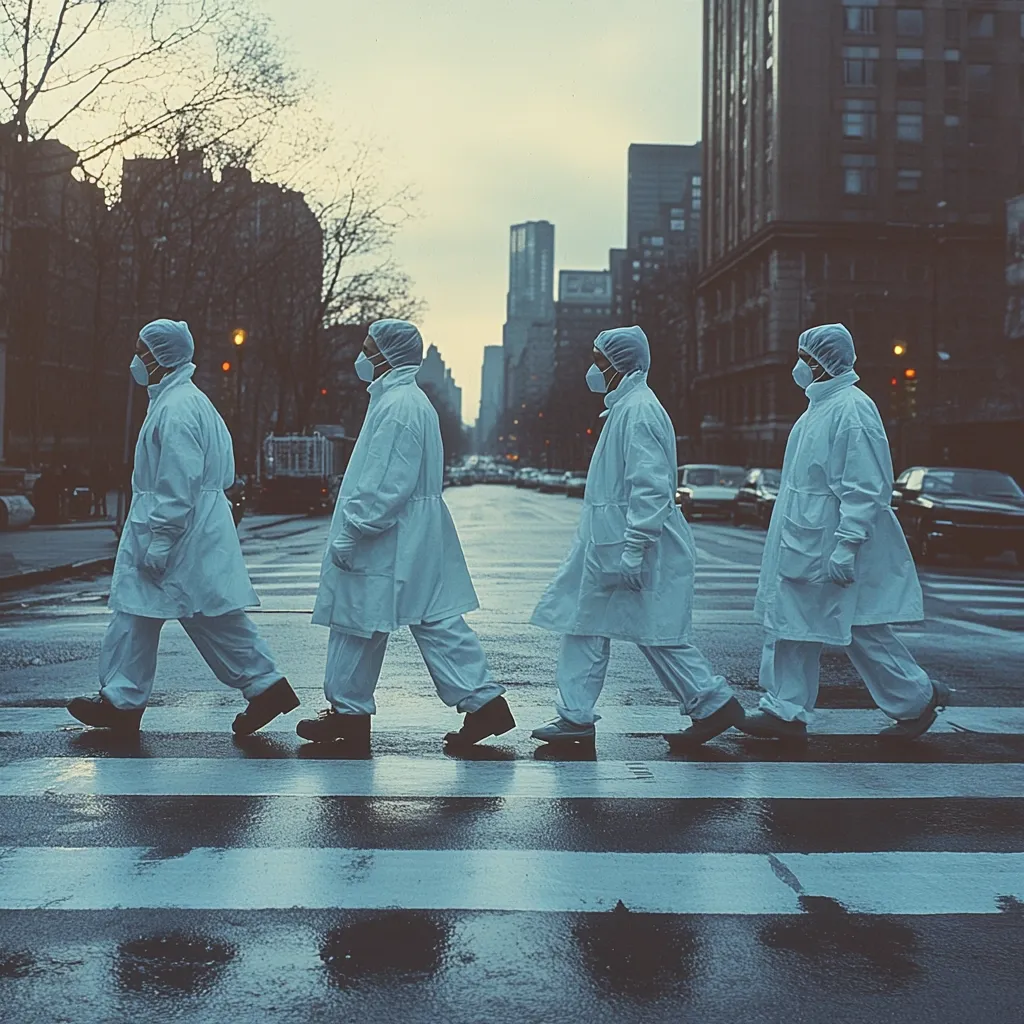 Four figures in white protective suits and face masks walk in single file across a rain-slicked city street.  The setting appears to be an urban environment, with tall buildings lining the street. The image evokes a sense of isolation and the somber atmosphere of a pandemic. The parallel lines of the crosswalk and the figures create a striking visual rhythm.