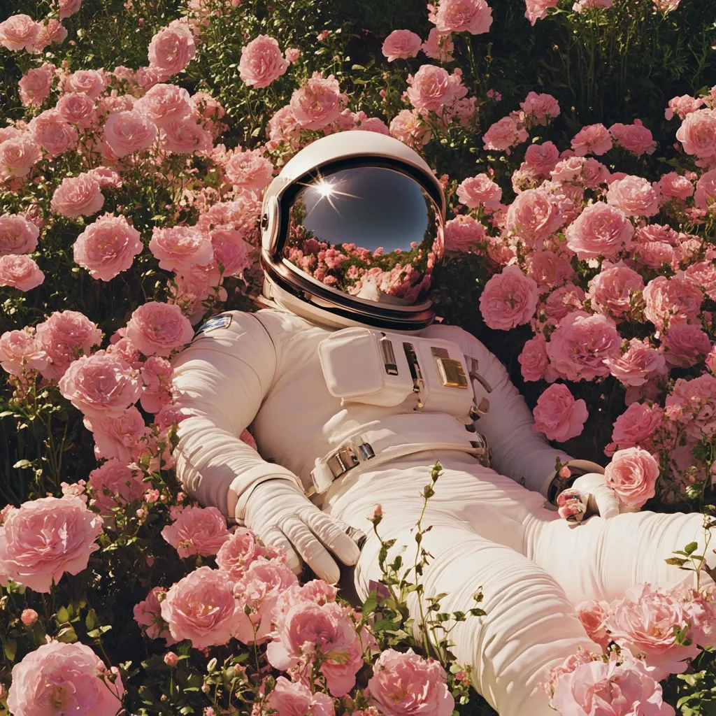 A white astronaut suit lies reclined amidst a vibrant field of light pink roses.  The astronaut's helmet reflects the surrounding blossoms, creating a surreal and dreamlike scene.  The contrast between the sterile spacesuit and the delicate flowers is striking, suggesting a juxtaposition of technology and nature. The image evokes a sense of peace and tranquility.