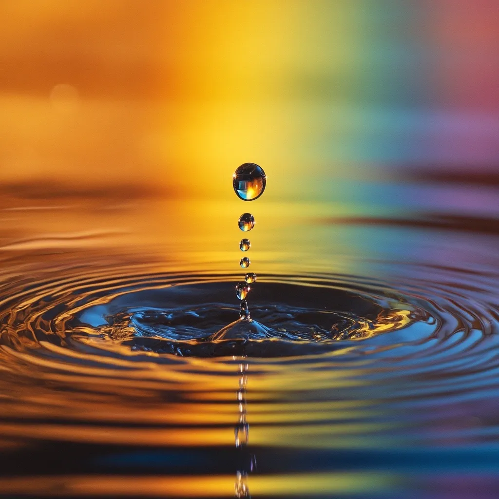 A single water droplet falls onto a still surface, creating a series of concentric ripples.  The water reflects the vibrant, multicolored background of oranges, yellows, and blues.  Smaller droplets trail behind the main drop, adding to the dynamic visual of the impact. The image is a striking example of macro photography, showcasing the beauty of water in motion.
