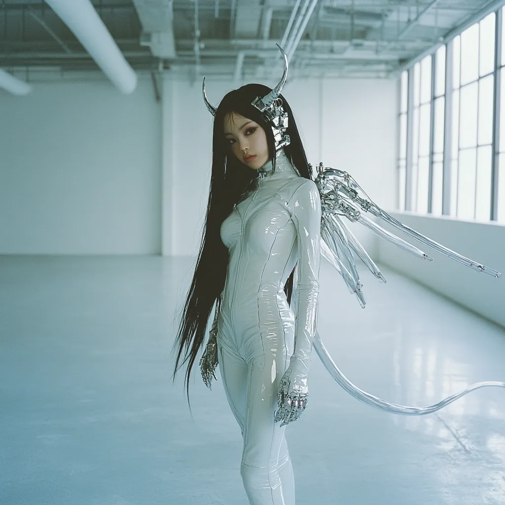 A woman in a futuristic white bodysuit stands in a minimalist, bright space.  Her long black hair contrasts with the shiny, almost metallic, fabric of her outfit. She wears a striking headpiece with devil horns and metallic wings, creating a blend of angelic and demonic imagery. The overall aesthetic is cyberpunk and otherworldly.