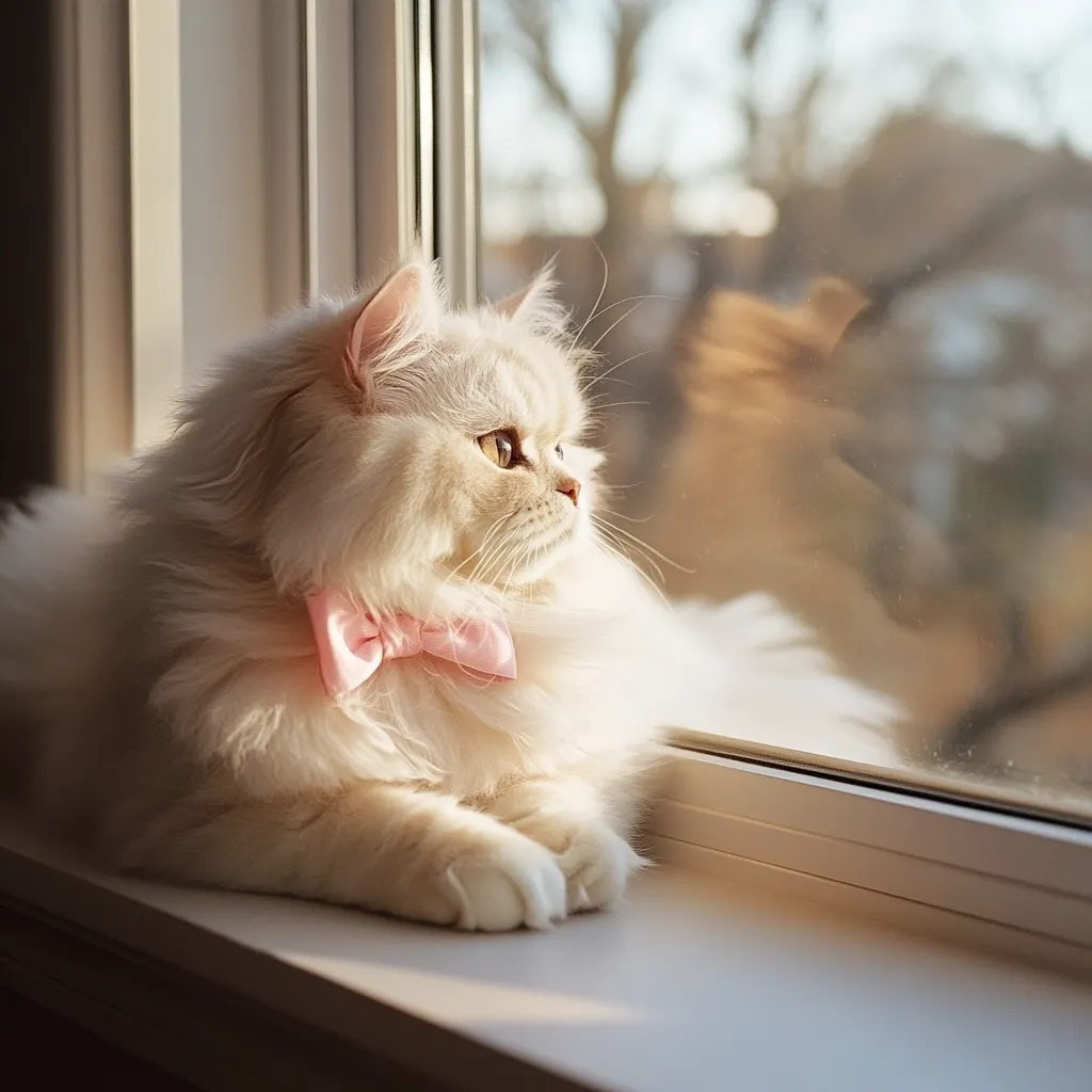A fluffy, cream-colored Persian cat, adorned with a delicate pink bow tie, sits on a windowsill.  Sunlight illuminates its fur, creating a warm glow. The cat gazes out the window at a blurry, autumnal landscape, appearing serene and contemplative.  The overall image is soft, peaceful, and evokes a sense of calm.