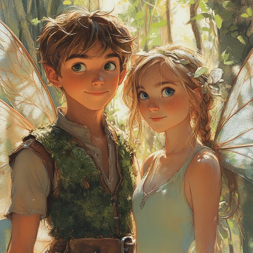 A whimsical illustration portrays a boy and girl, seemingly fairies, standing close together in a sun-dappled forest.  The boy, with brown hair and large green eyes, wears a moss-green vest. The blonde girl, adorned with a delicate flower crown, has translucent wings.  Their expressions are gentle and their closeness suggests a sweet, innocent relationship. The artwork's style is soft, painterly, and evokes a sense of fantasy and wonder.