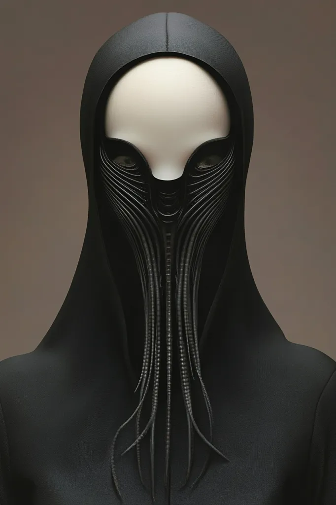 A close-up shot reveals a figure cloaked in a black hooded garment.  The hood conceals the face except for a pale, smooth visage partially visible beneath an intricately designed, black mask. The mask features a series of elongated, slender tendrils extending downwards, creating a striking, almost otherworldly effect.  The overall aesthetic is futuristic and enigmatic.