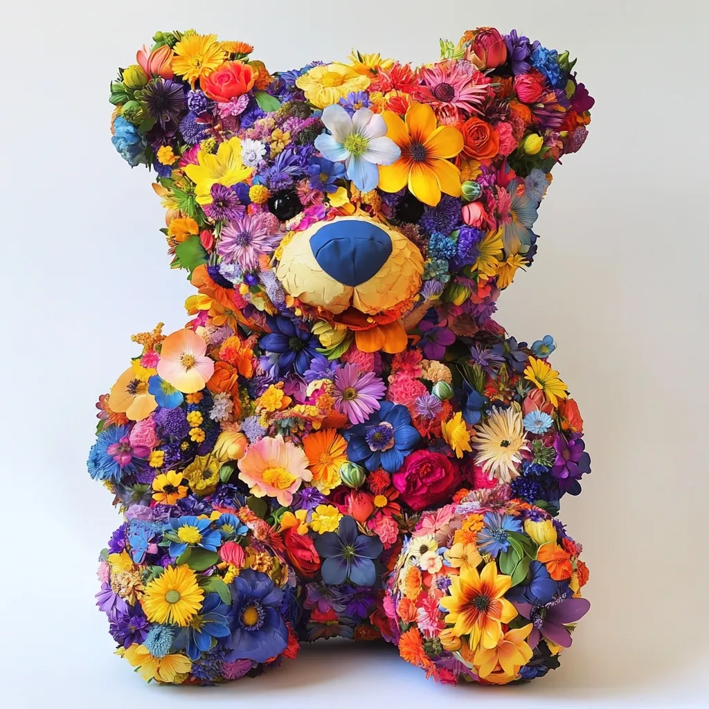 A teddy bear meticulously crafted from a vibrant array of colorful flowers.  The bear's body is entirely covered in a dense, multi-hued tapestry of blossoms, creating a stunning and unique piece of floral art.  The flowers range in color from deep blues and purples to bright yellows and oranges, forming a cheerful and eye-catching composition.  The bear's nose is a simple, dark blue accent against the colorful floral design.