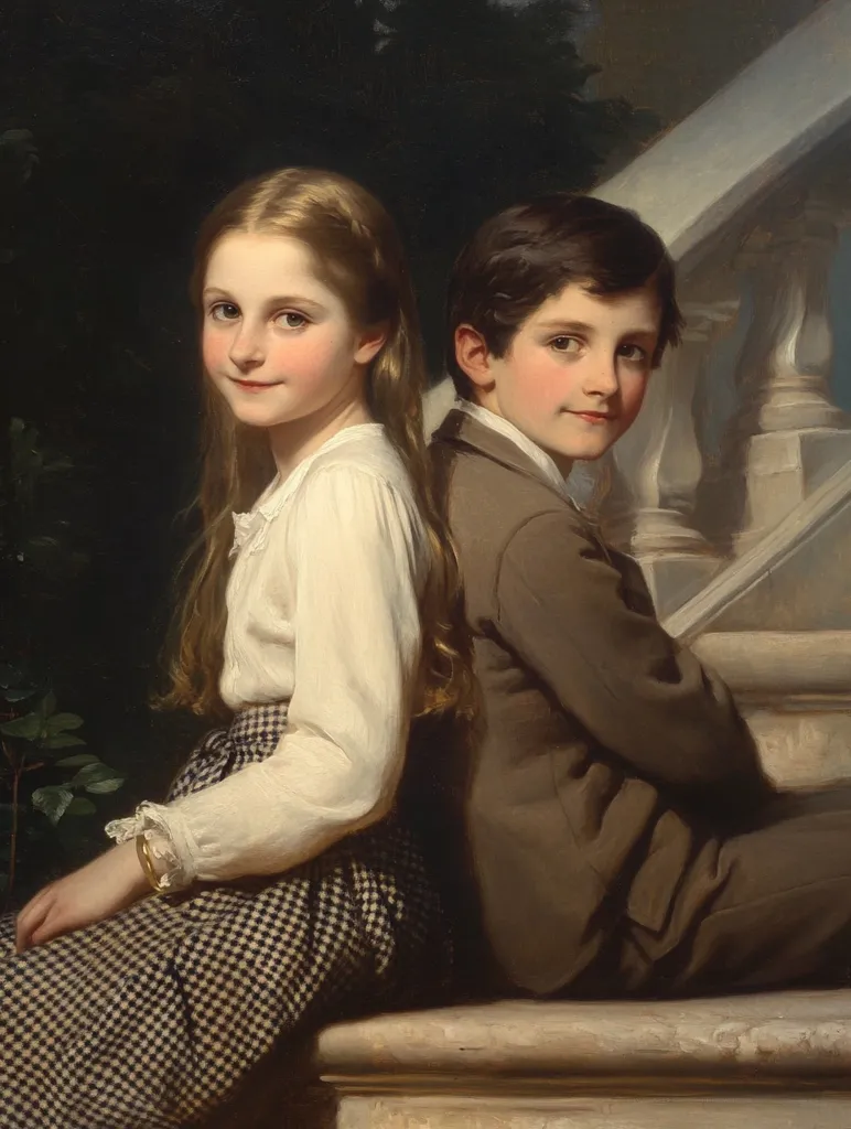 A painting depicts a girl and boy, possibly siblings, seated side-by-side on a stone staircase. The girl, with long blonde hair, wears a cream-colored blouse and a black and white checkered skirt. The boy, with dark hair, is dressed in a brown suit.  Their poses suggest intimacy and a quiet moment, captured with realistic detail and soft lighting, characteristic of portraiture from the late 19th or early 20th century.