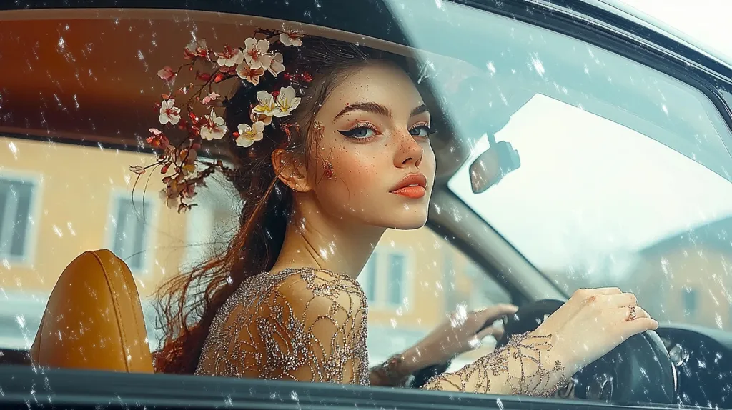 A young woman with a crown of delicate pink blossoms sits in a car, her gaze directed towards the viewer.  She wears a shimmering, long-sleeved gown and her reddish-brown hair cascades down her shoulders.  Snow or sparkling particles drift across the car window, creating a dreamy, ethereal atmosphere. The scene suggests a fairytale or fantasy setting.