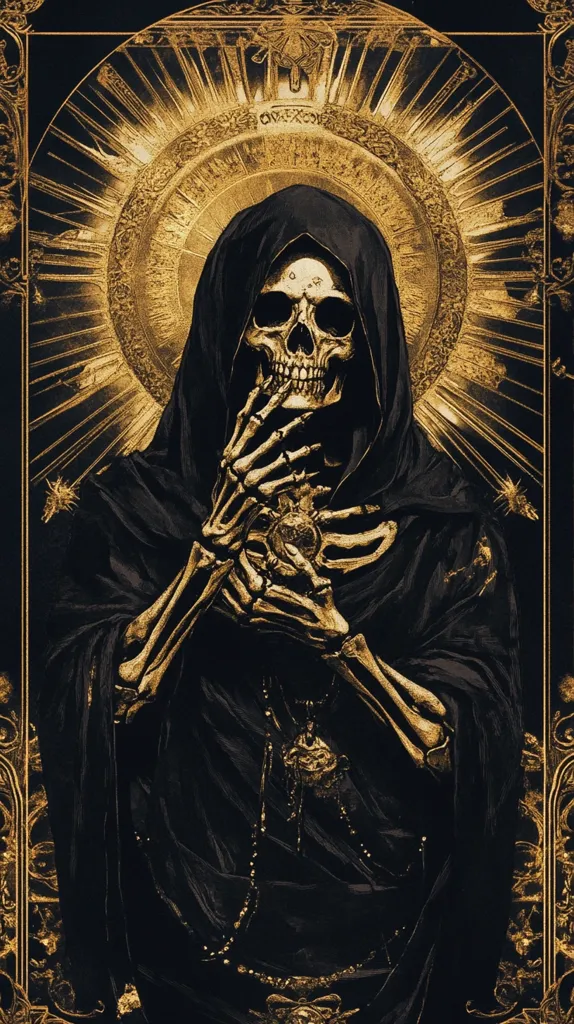 A skeletal figure, cloaked in a dark robe, is depicted in a gothic style.  The skull's face is visible, hands clasped in prayer or contemplation, holding a small ornate object.  A golden halo or sunburst emanates behind the figure, contrasting with the dark clothing and skeletal features.  The overall aesthetic is dark, dramatic, and symbolic, possibly representing death or mortality within a religious or spiritual context.  Intricate golden details frame the image.