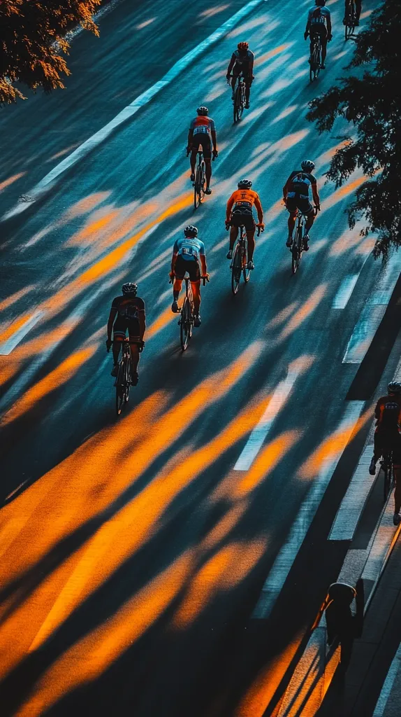 A group of cyclists race down a road, bathed in the warm, orange glow of the setting sun.  Their shadows stretch long across the asphalt, creating a dramatic contrast against the dark blue of the road. The cyclists are dressed in matching cycling gear, creating a cohesive team image.  The scene captures the energy and intensity of the race.