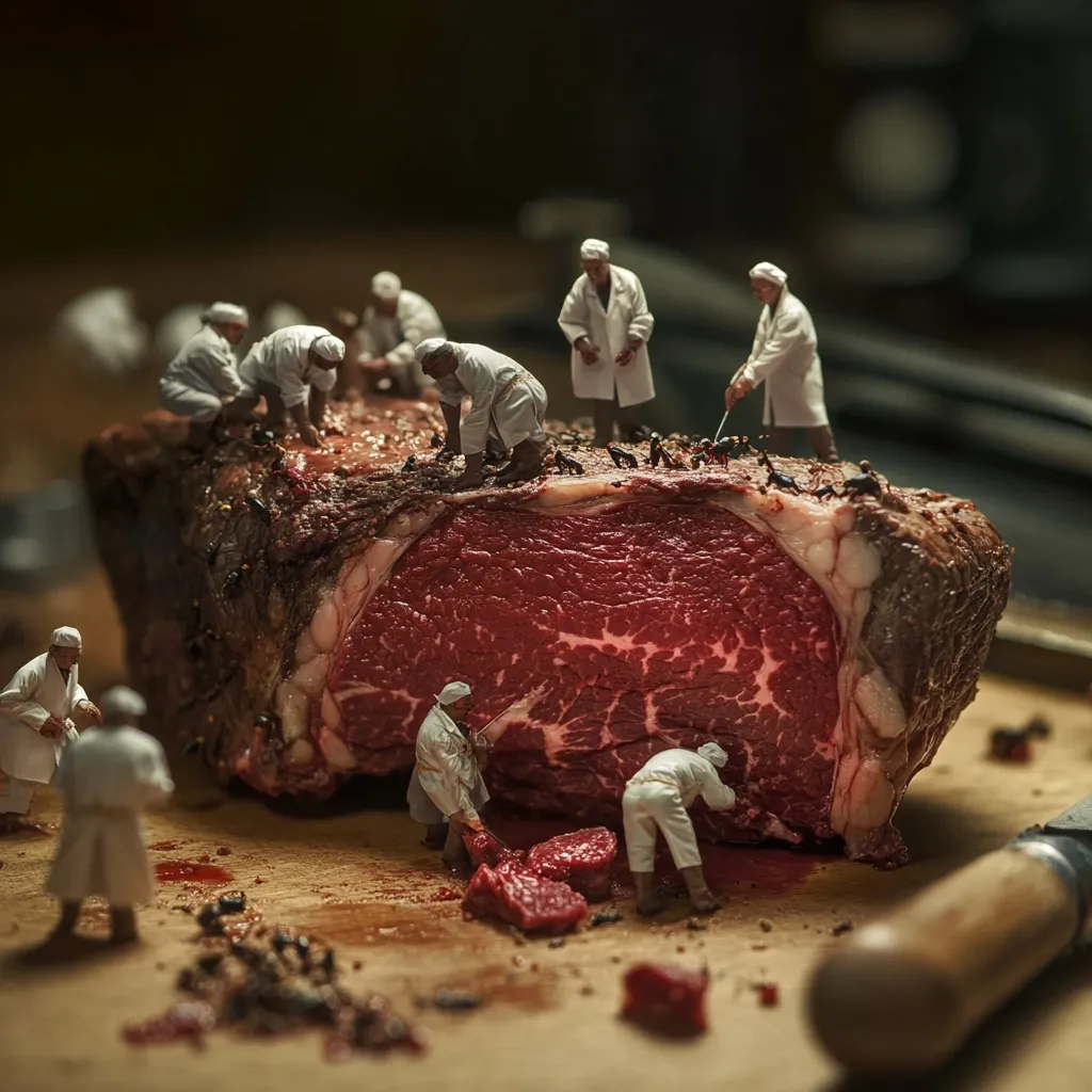 Miniature figures, dressed in white butcher coats, meticulously work on a massive cut of raw beef.  They appear to be carving and preparing the meat, which sits on a wooden surface stained with blood.  The scene is darkly lit, creating a dramatic contrast between the tiny workers and the enormous, richly colored meat. The overall effect is surreal and slightly unsettling.