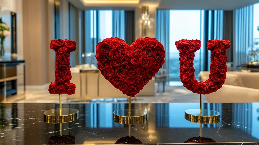 Three elegant gold stands display a romantic message: "I love U". Each letter, and the heart-shaped centerpiece, is meticulously crafted from a profusion of deep red roses, creating a luxurious and passionate display. The setting appears to be a modern, upscale interior with large windows offering a city view.  The polished black surface reflects the beautiful floral arrangement.
